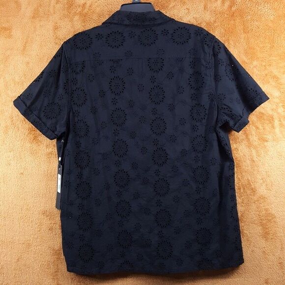 KARL LAGERFELD Shirt Mens Large Black Button Up Short Sleeve Embroidered Eyelet - Picture 4 of 8
